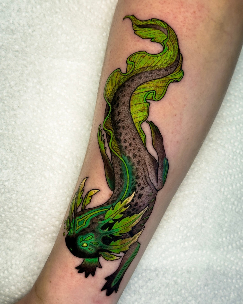 Selective colour detail in an Openmind fantasy tattoo