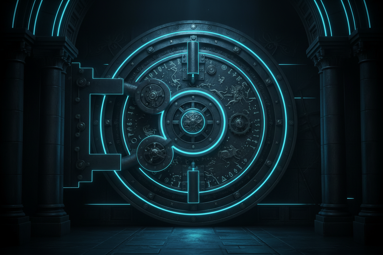 A fantasy style bank vault, symmetrical with a dark background and neon cyan glows