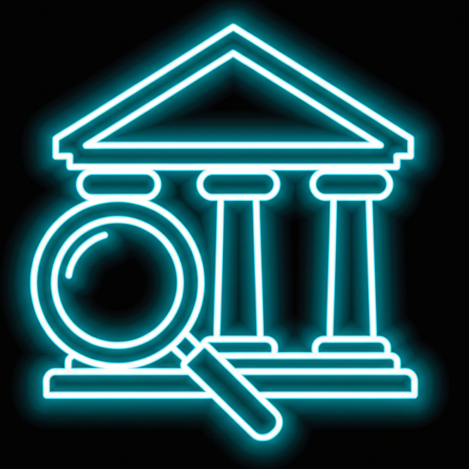 A simple vector style icon of a museum with a magnifying glass with a neon cyan glow